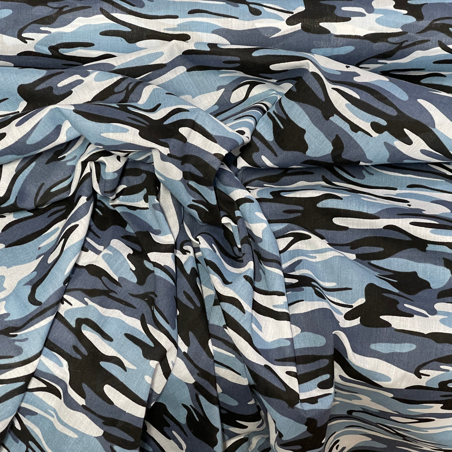 Camouflage Army Polycotton Dress Fabric, Sky Camouflage Army Polycotton Dress Fabric, Sky