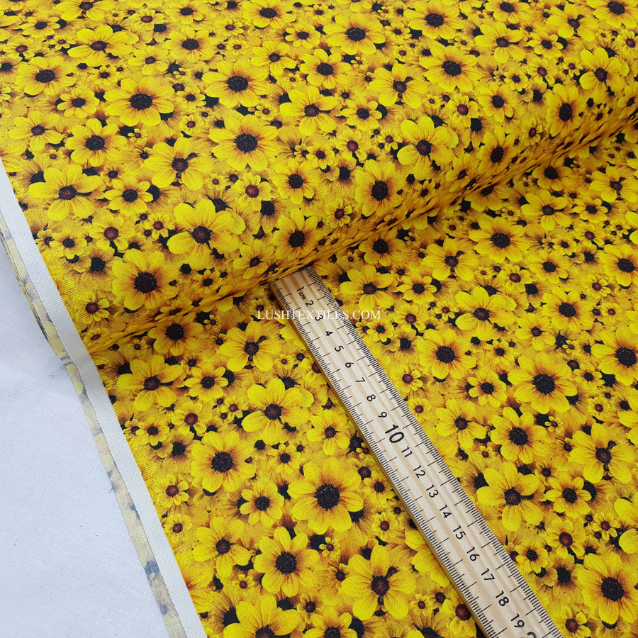 Small Floral Sunflowers 100% Cotton Dress Fabric, Yellow Small Floral Sunflowers 100% Cotton Dress Fabric, Yellow
