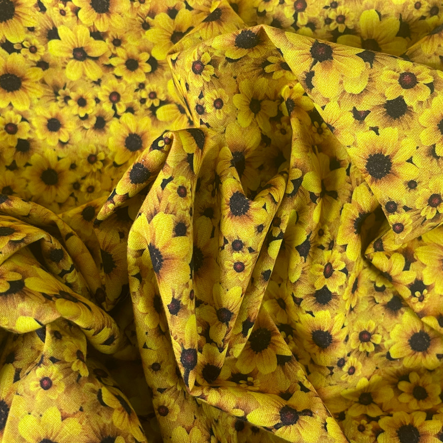 Small Floral Sunflowers 100% Cotton Dress Fabric, Yellow Small Floral Sunflowers 100% Cotton Dress Fabric, Yellow