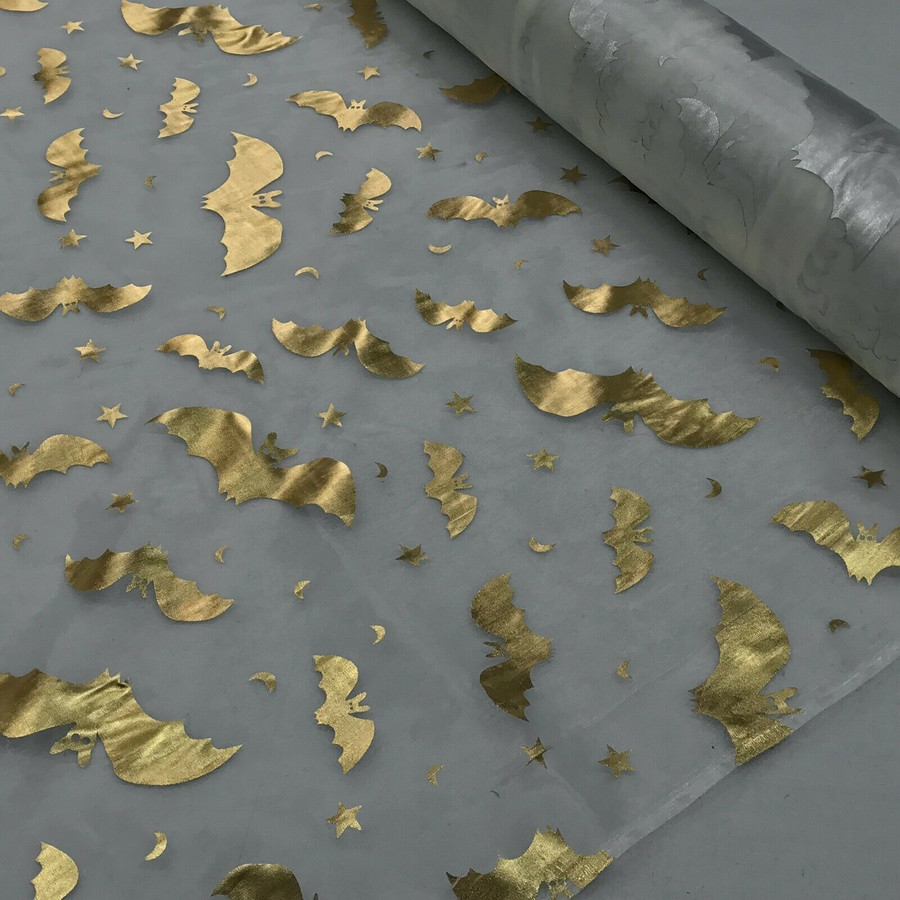 Gold Foil Halloween Bats Organza Fabric