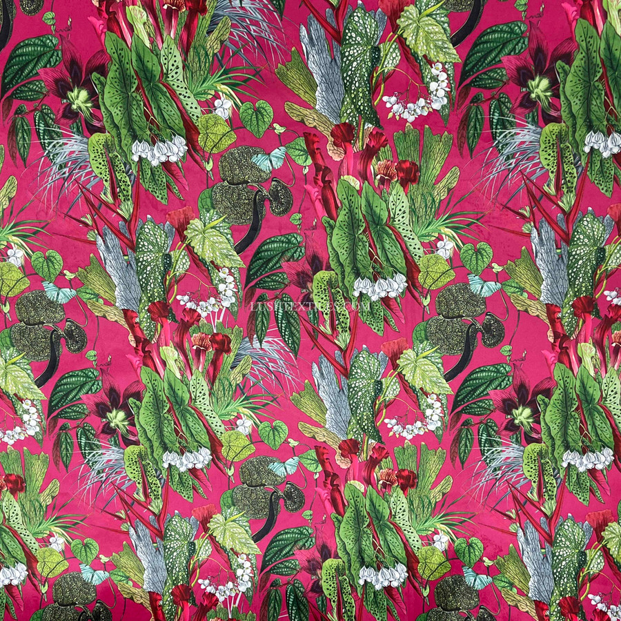 Exotic Digital Print Plush Velvet Curtain Fabric, Cerise Exotic Digital Print Plush Velvet Curtain Fabric, Cerise