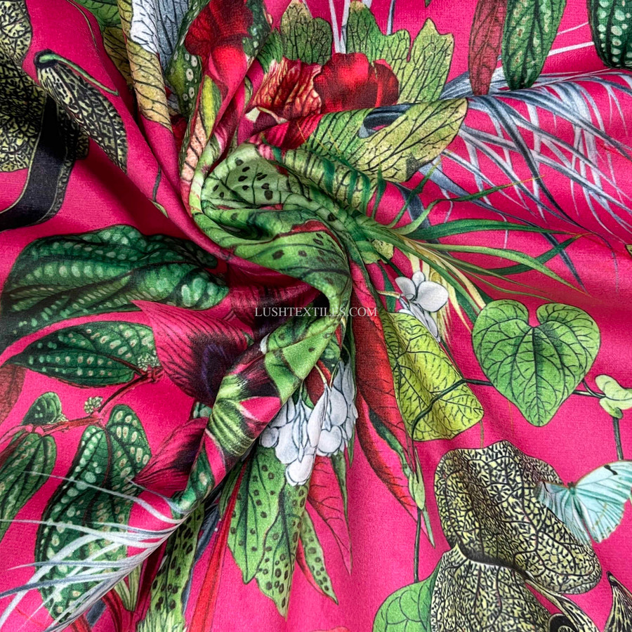 Exotic Digital Print Plush Velvet Curtain Fabric, Cerise Exotic Digital Print Plush Velvet Curtain Fabric, Cerise
