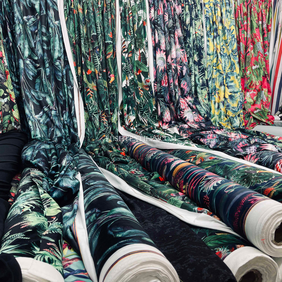 Exotic Digital Print Plush Velvet Curtain Fabric, Cerise Exotic Digital Print Plush Velvet Curtain Fabric, Cerise