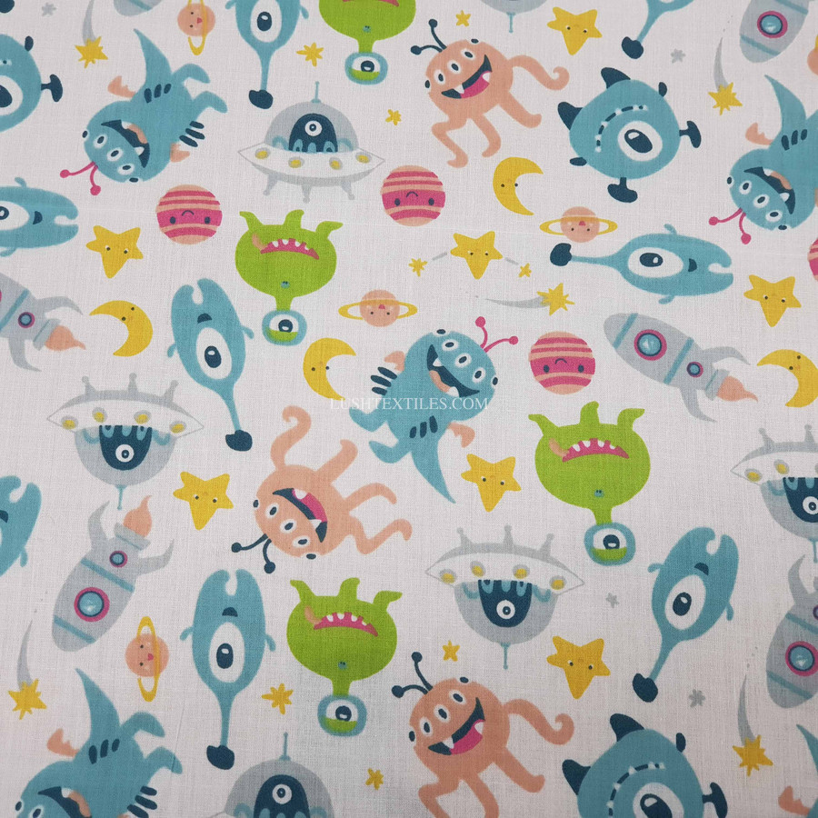 Aliens Sci-fi Polycotton Fabric, White Aliens Sci-fi Polycotton Fabric, White
