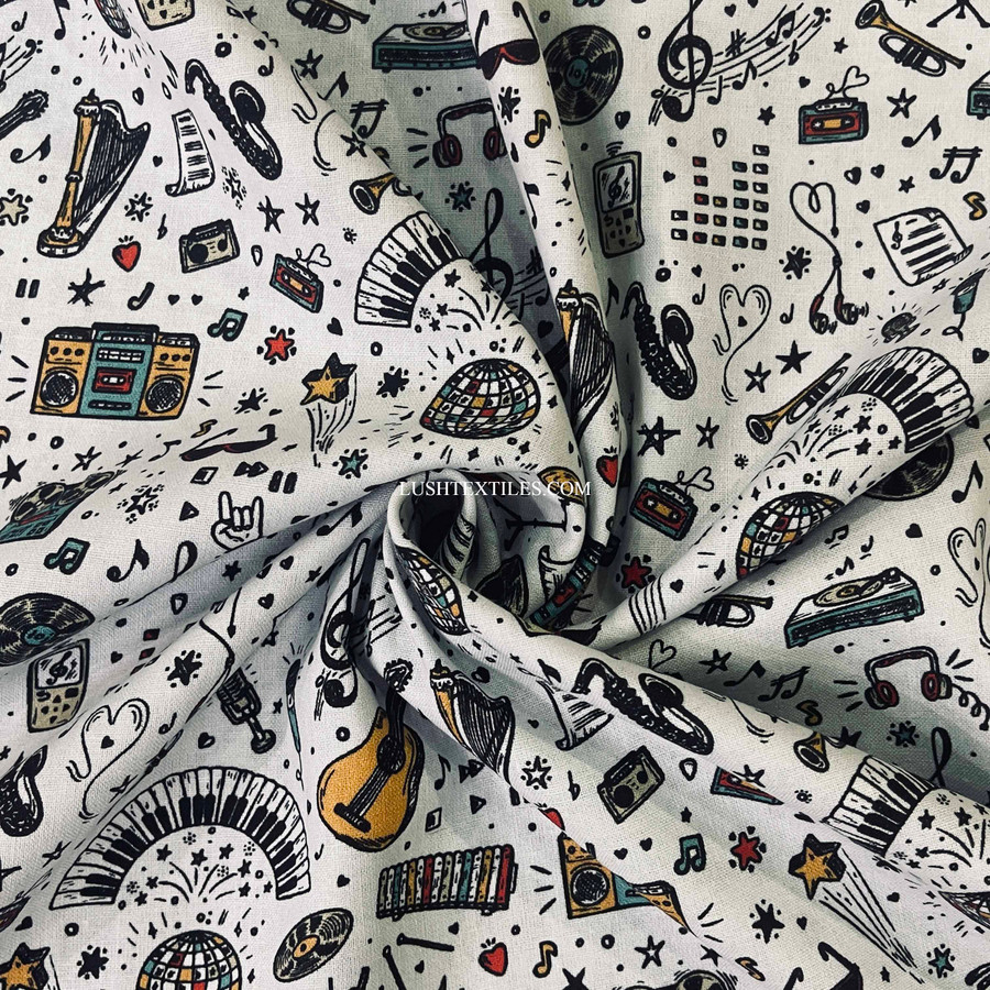 Musical Instruments Print Cotton Craft Fabric, 140cm Wide Musical Instruments Print Cotton Craft Fabric, 140cm Wide