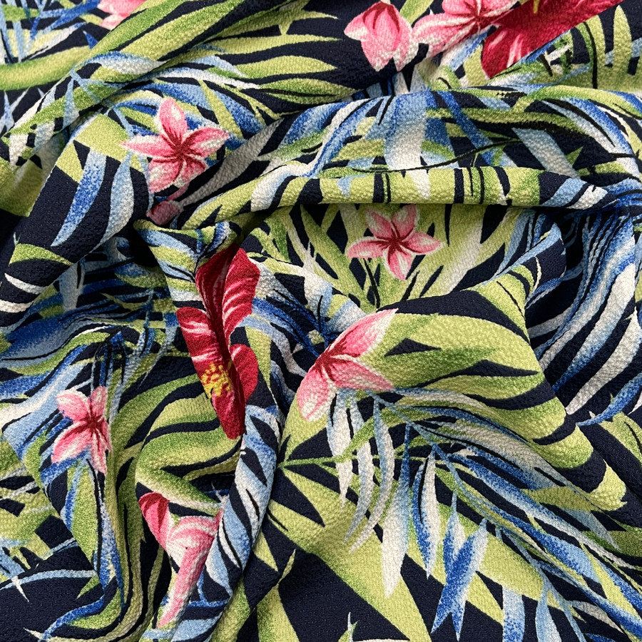 Tropical Floral Digital Print Bubble Crepe Dress Fabric, Black Tropical Floral Digital Print Bubble Crepe Dress Fabric, Black