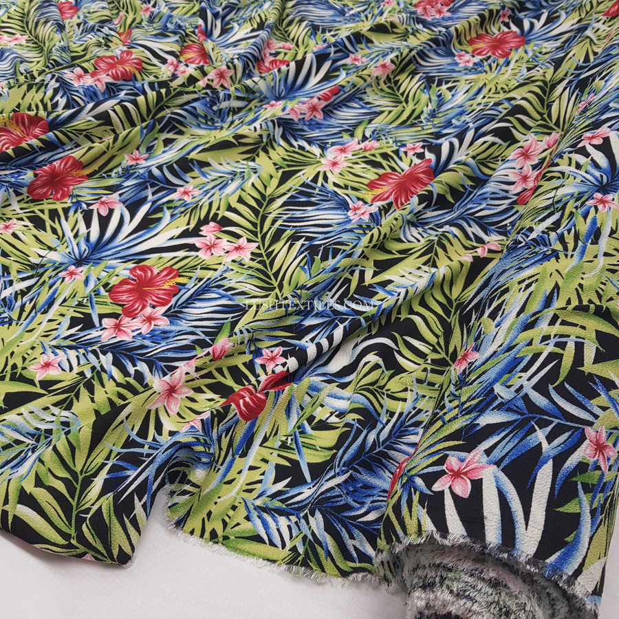 Tropical Floral Print Bubble Crepe Dress Fabric, Navy Tropical Floral Print Bubble Crepe Dress Fabric, Navy
