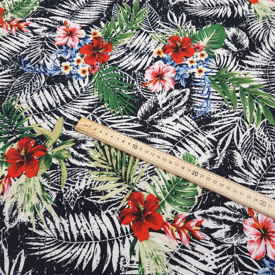 Tropical 2 Floral Digital Print Bubble Crepe Dress Fabric, Navy Tropical 2 Floral Digital Print Bubble Crepe Dress Fabric, Navy