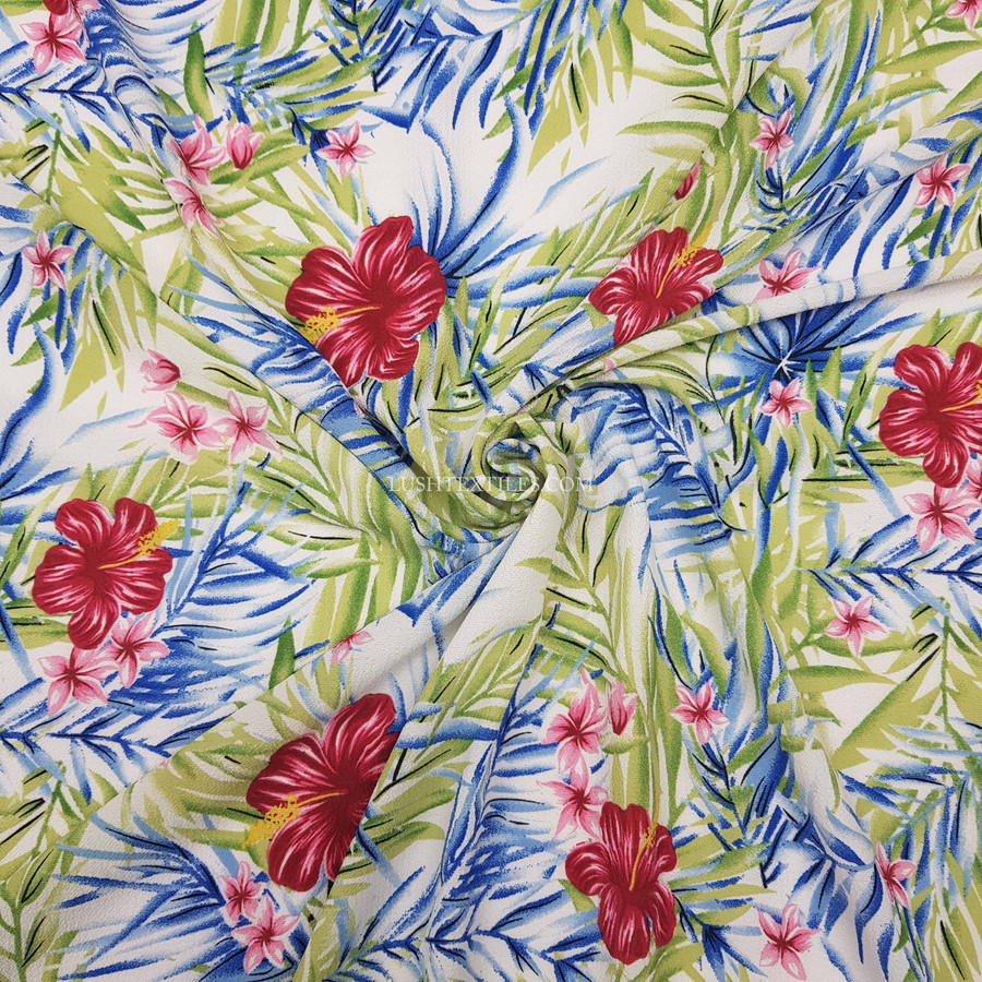 Tropical Floral Digital Print Bubble Crepe Dress Fabric, off White Tropical Floral Digital Print Bubble Crepe Dress Fabric, off White