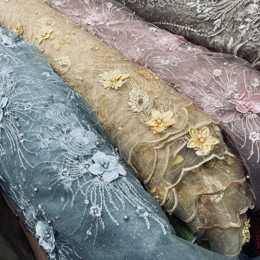Embroidery 3D Rose & Pearl Lace Net Dress Fabric Embroidery 3D Rose & Pearl Lace Net Dress Fabric