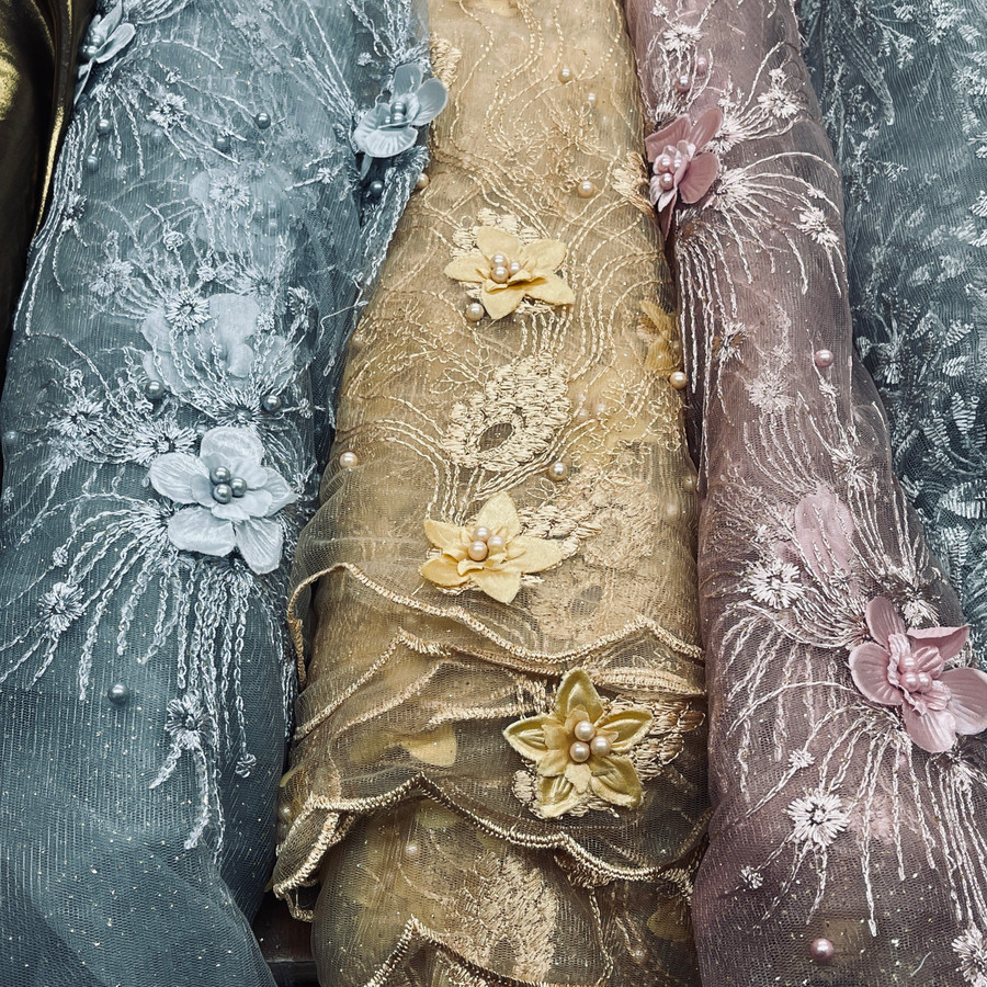 Embroidery 3D Rose & Pearl Lace Net Dress Fabric Embroidery 3D Rose & Pearl Lace Net Dress Fabric