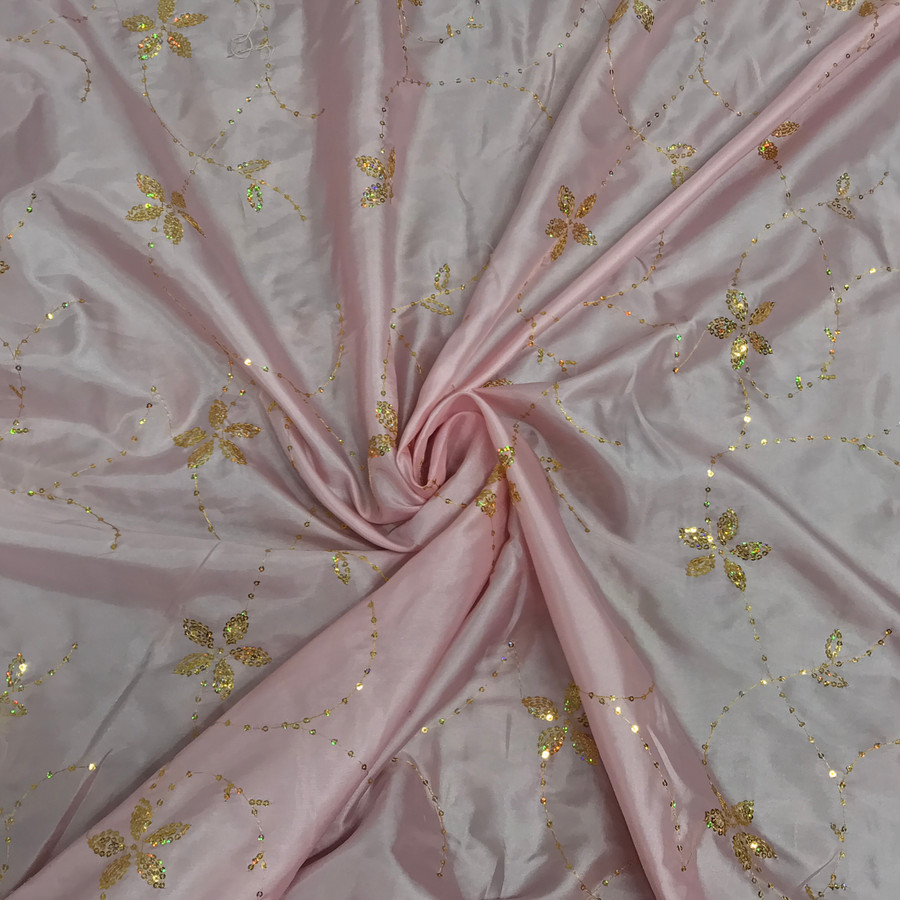 Gold Floral Sequin Taffeta Fabric, Pink Gold Floral Sequin Taffeta Fabric, Pink