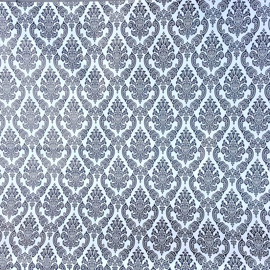 By the Metre Black Damask PVC, White By the Metre Black Damask PVC, White