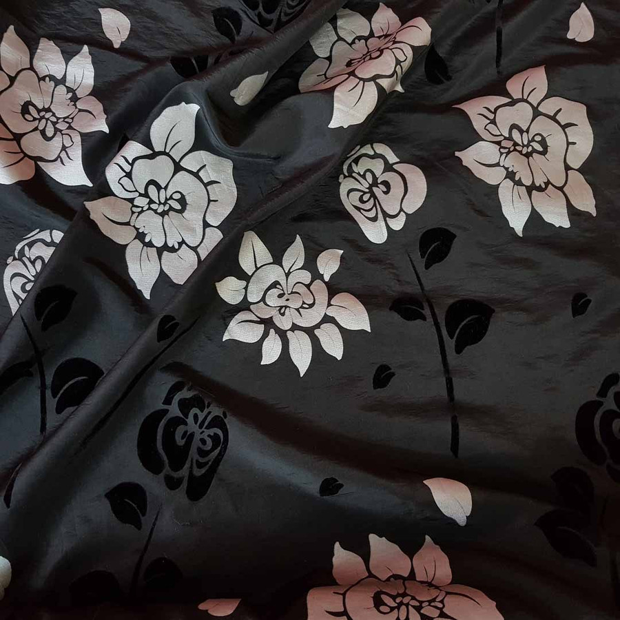 Party Silver Floral Velvet Flock Taffeta Fabric, Black Party Silver Floral Velvet Flock Taffeta Fabric, Black