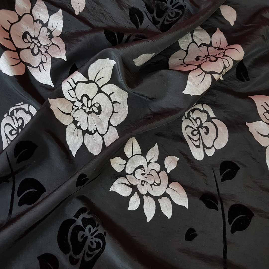 Party Silver Floral Velvet Flock Taffeta Fabric, Black Party Silver Floral Velvet Flock Taffeta Fabric, Black
