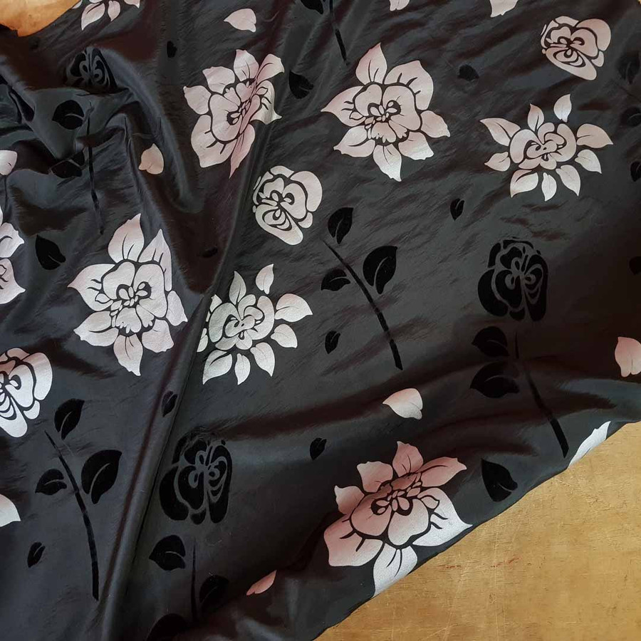 Party Silver Floral Velvet Flock Taffeta Fabric, Black Party Silver Floral Velvet Flock Taffeta Fabric, Black