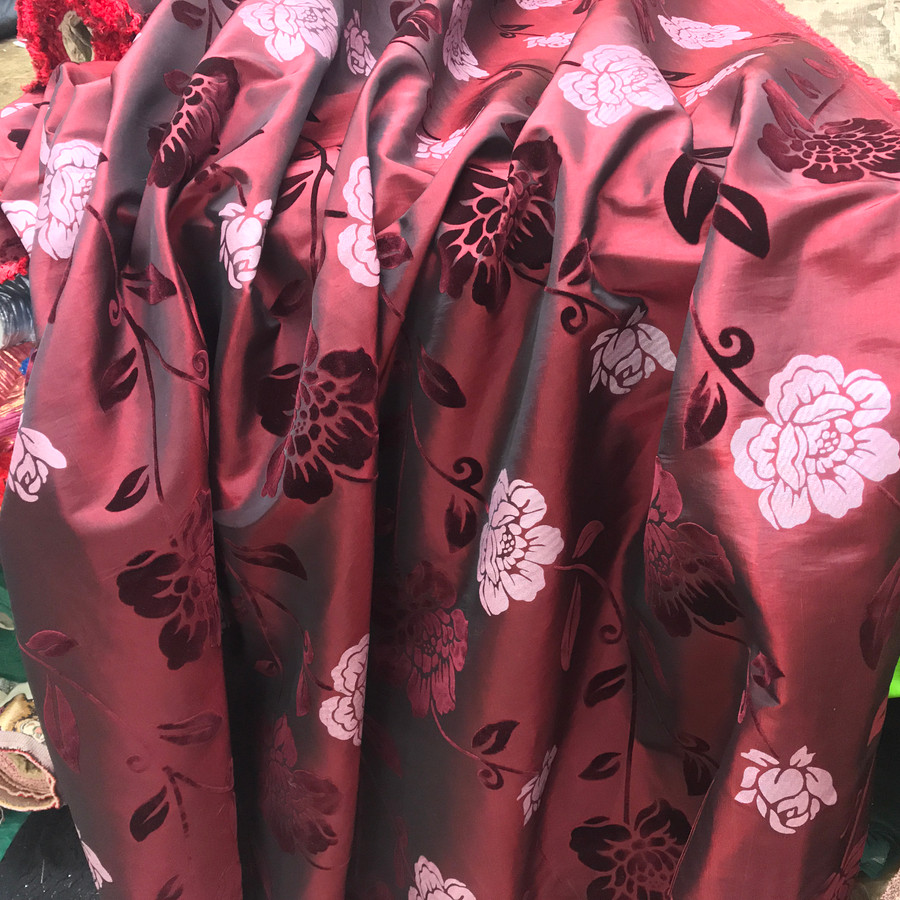 Party Silver Floral Velvet Flock Taffeta Fabric, Wine Party Silver Floral Velvet Flock Taffeta Fabric, Wine