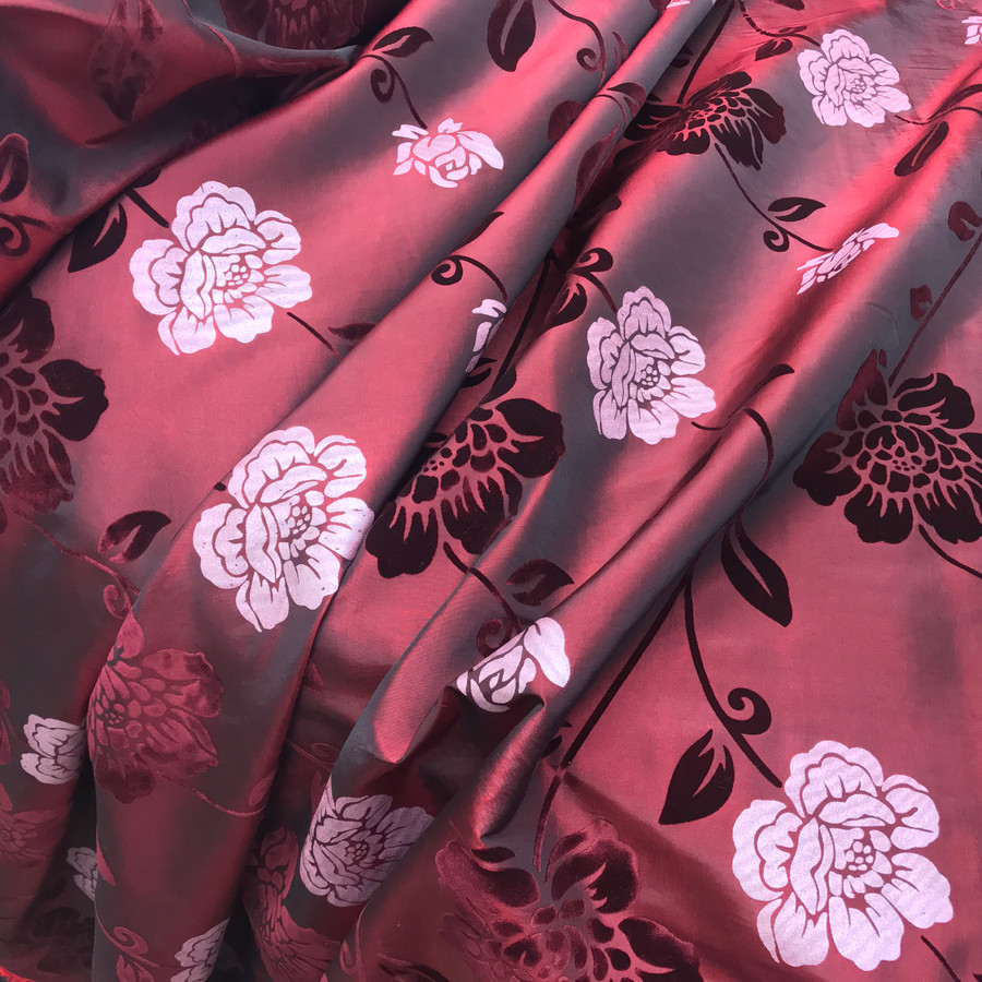 Party Silver Floral Velvet Flock Taffeta Fabric, Wine Party Silver Floral Velvet Flock Taffeta Fabric, Wine