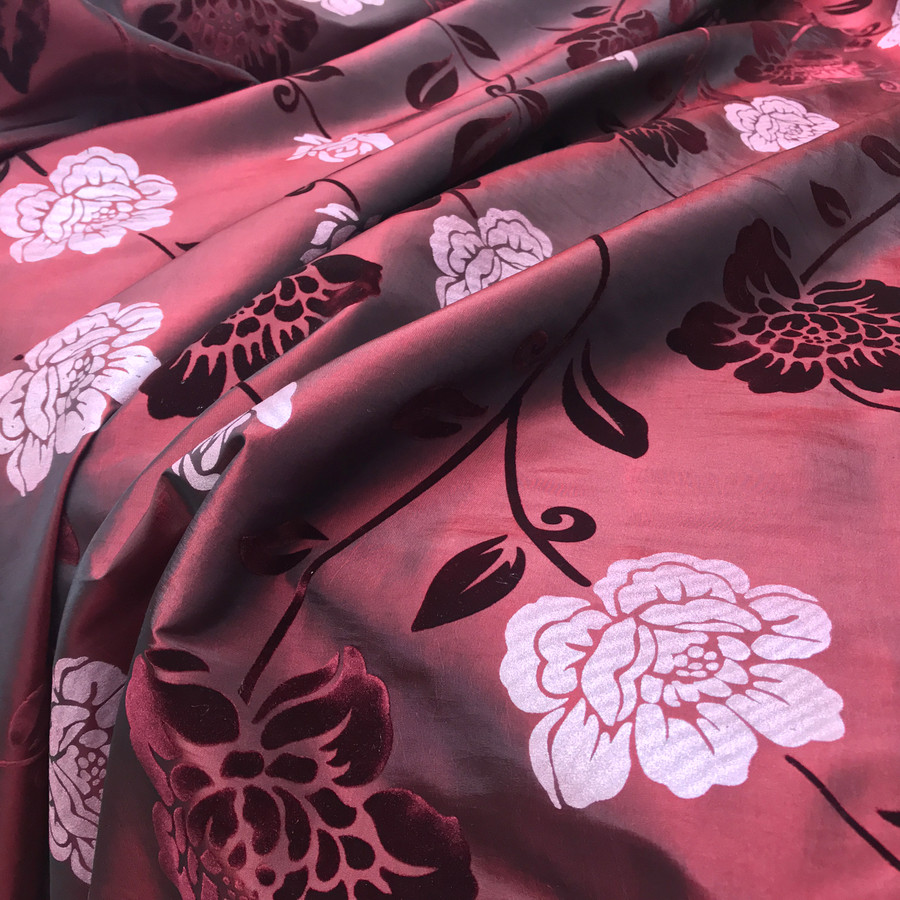 Party Silver Floral Velvet Flock Taffeta Fabric, Wine Party Silver Floral Velvet Flock Taffeta Fabric, Wine