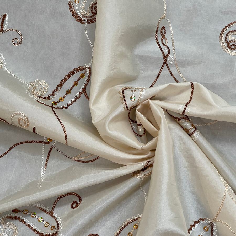 Paisley Floral Sequin Taffeta Fabric, Cream Paisley Floral Sequin Taffeta Fabric, Cream