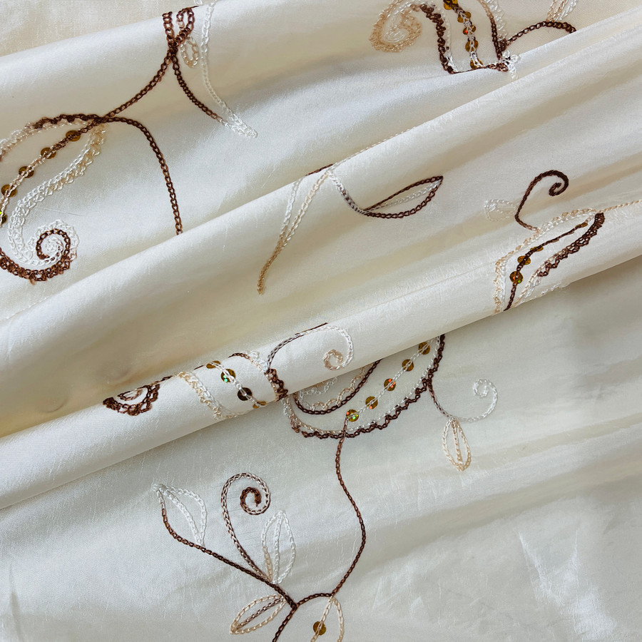 Paisley Floral Sequin Taffeta Fabric, Cream Paisley Floral Sequin Taffeta Fabric, Cream