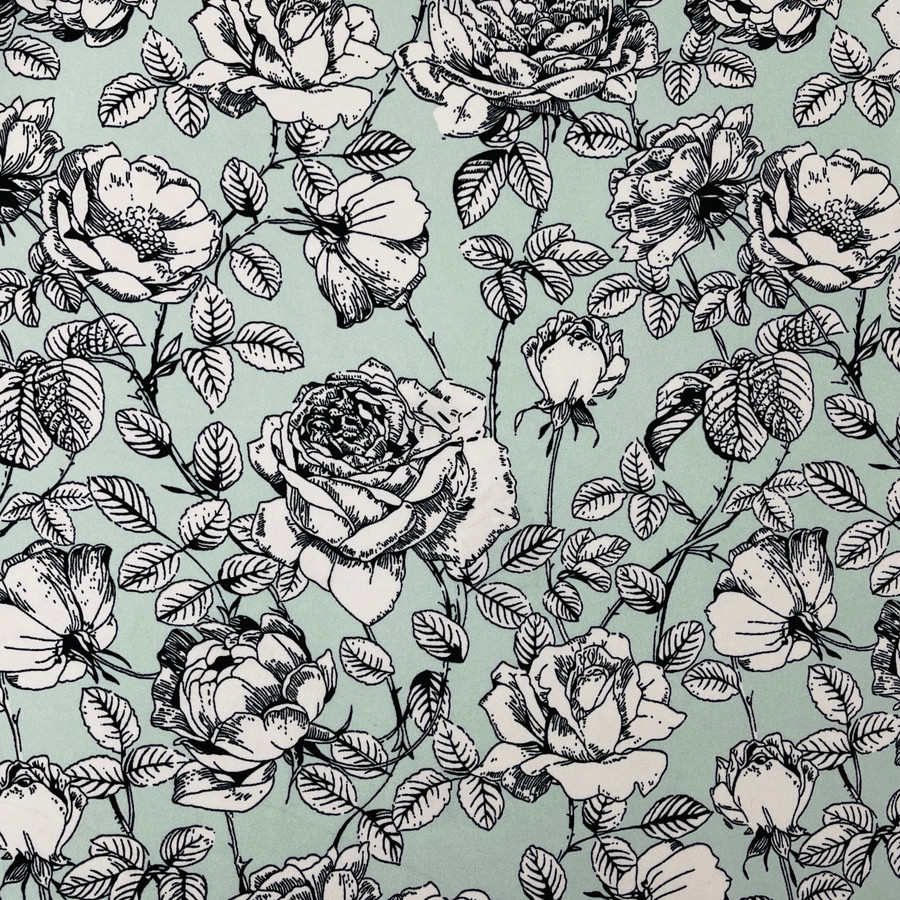 Premium Rose Viscose Crepe Floral Dress Fabric, Mint Premium Rose Viscose Crepe Floral Dress Fabric, Mint