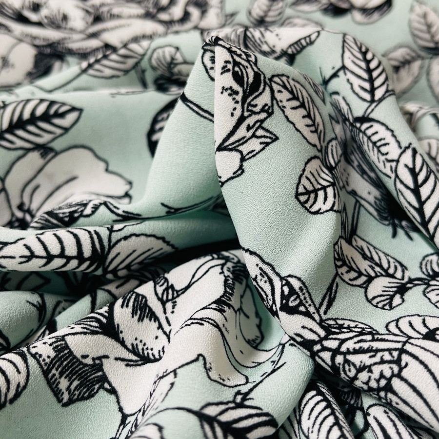 Premium Rose Viscose Crepe Floral Dress Fabric, Mint Premium Rose Viscose Crepe Floral Dress Fabric, Mint