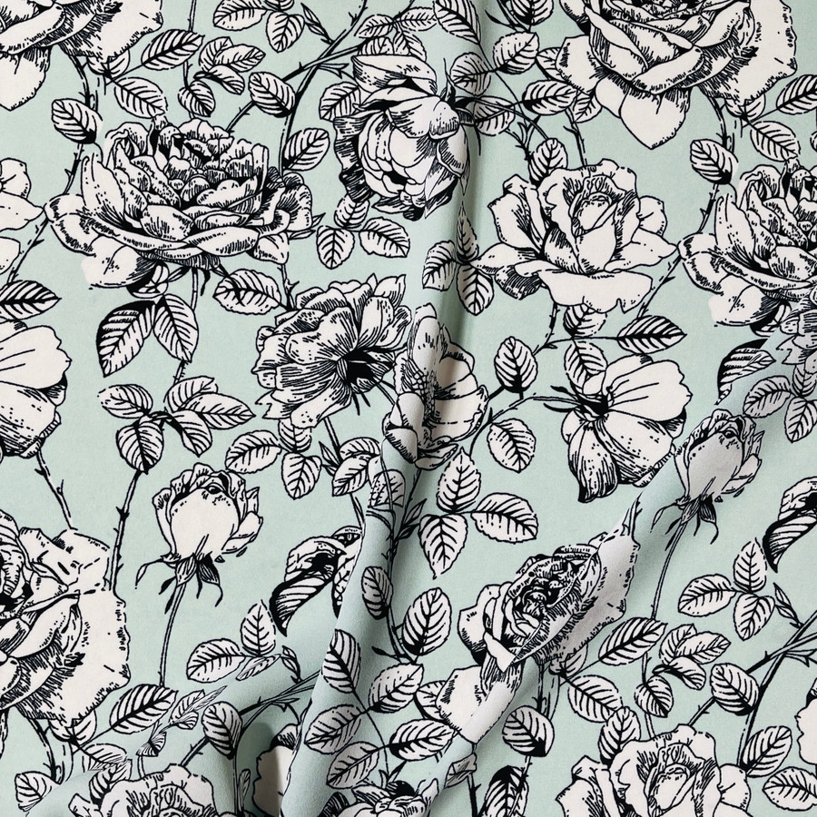 Premium Rose Viscose Crepe Floral Dress Fabric, Mint Premium Rose Viscose Crepe Floral Dress Fabric, Mint