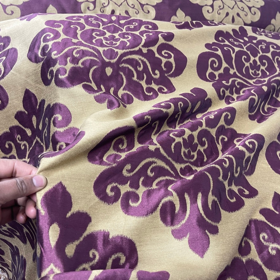 Beige Damask Upholstery Curtain Brocade Fabric, Purple Beige Damask Upholstery Curtain Brocade Fabric, Purple