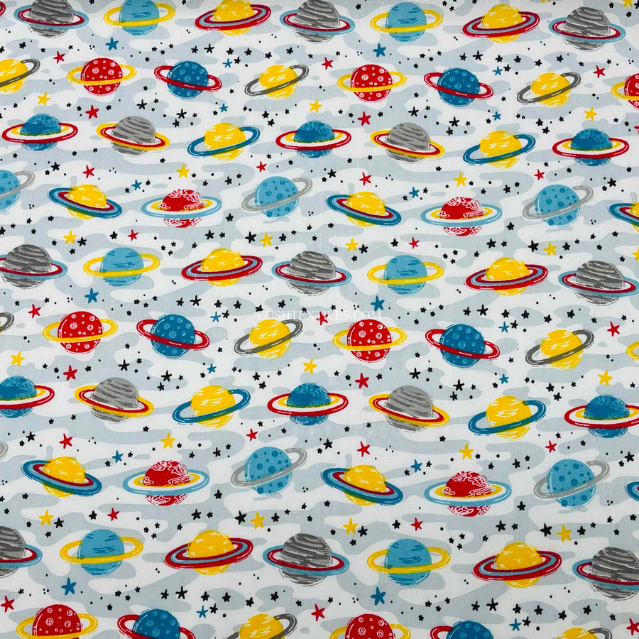 Planets Galaxy Polycotton Fabric, Grey Planets Galaxy Polycotton Fabric, Grey
