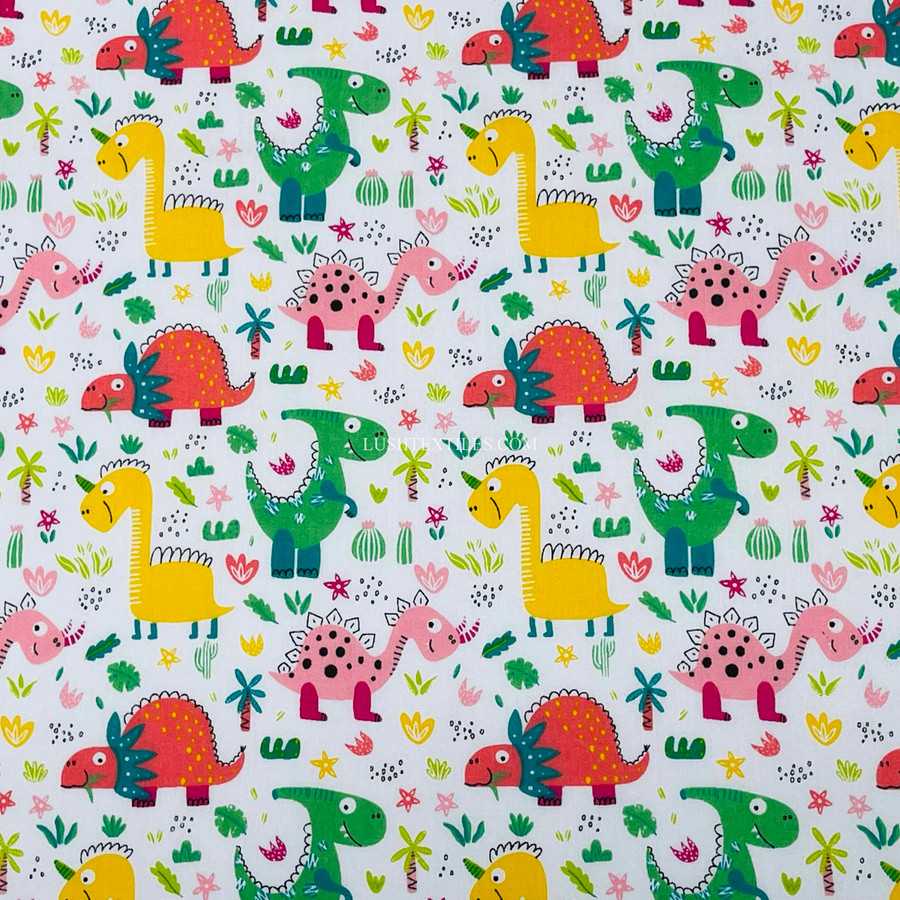 Kids Dinosaurs Print Polycotton Fabric, White Kids Dinosaurs Print Polycotton Fabric, White