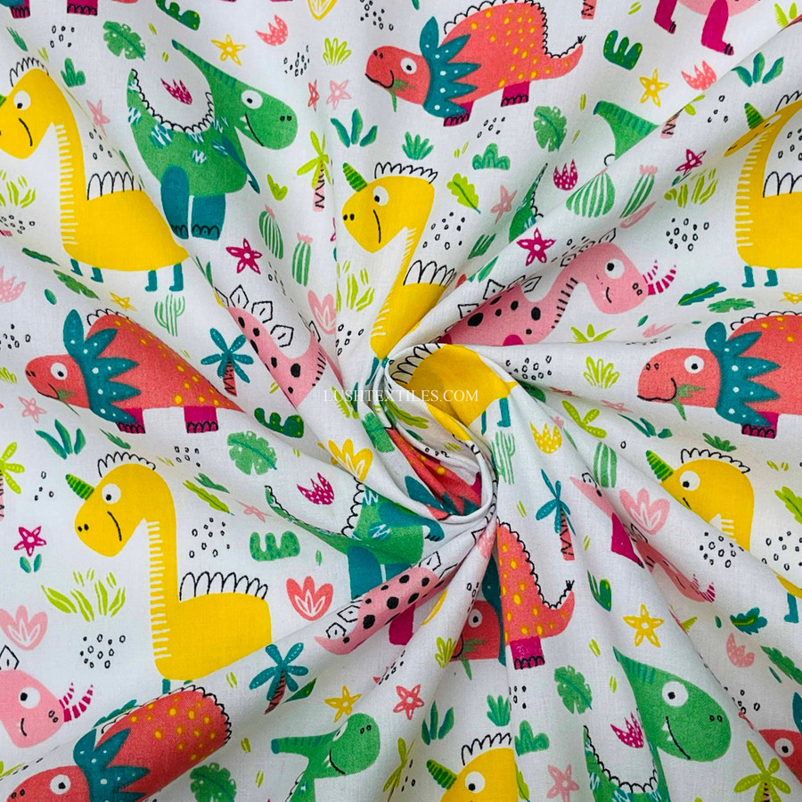 Kids Dinosaurs Print Polycotton Fabric, White Kids Dinosaurs Print Polycotton Fabric, White