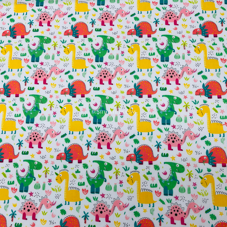 Kids Dinosaurs Print Polycotton Fabric, White Kids Dinosaurs Print Polycotton Fabric, White