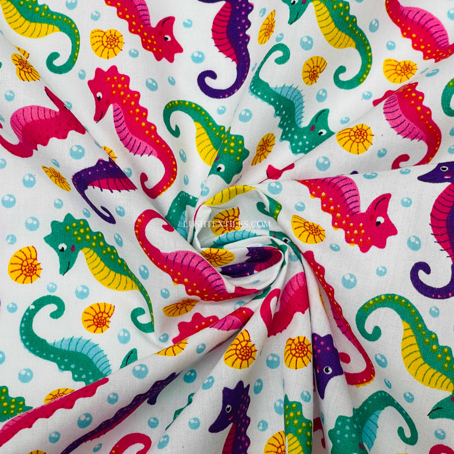 Seahorse & Shells Print Polycotton Fabric, White Seahorse & Shells Print Polycotton Fabric, White