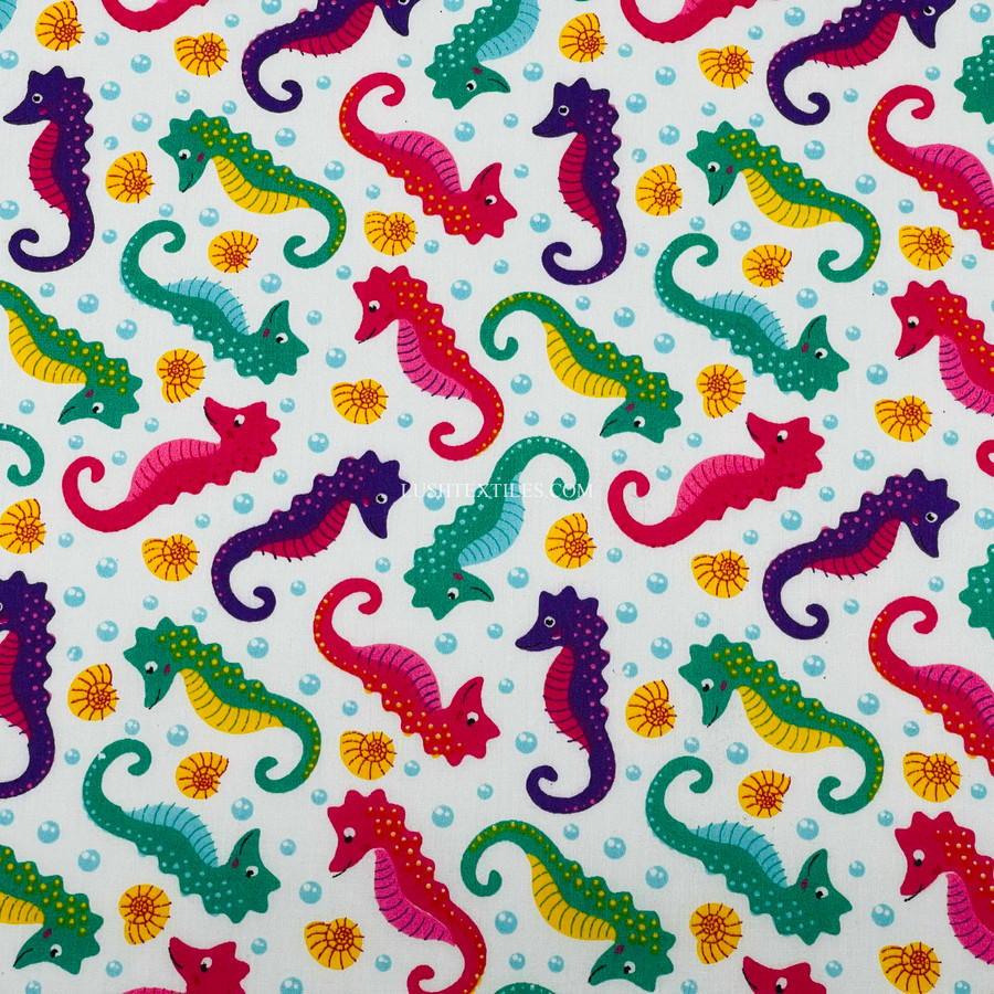 Seahorse & Shells Print Polycotton Fabric, White Seahorse & Shells Print Polycotton Fabric, White