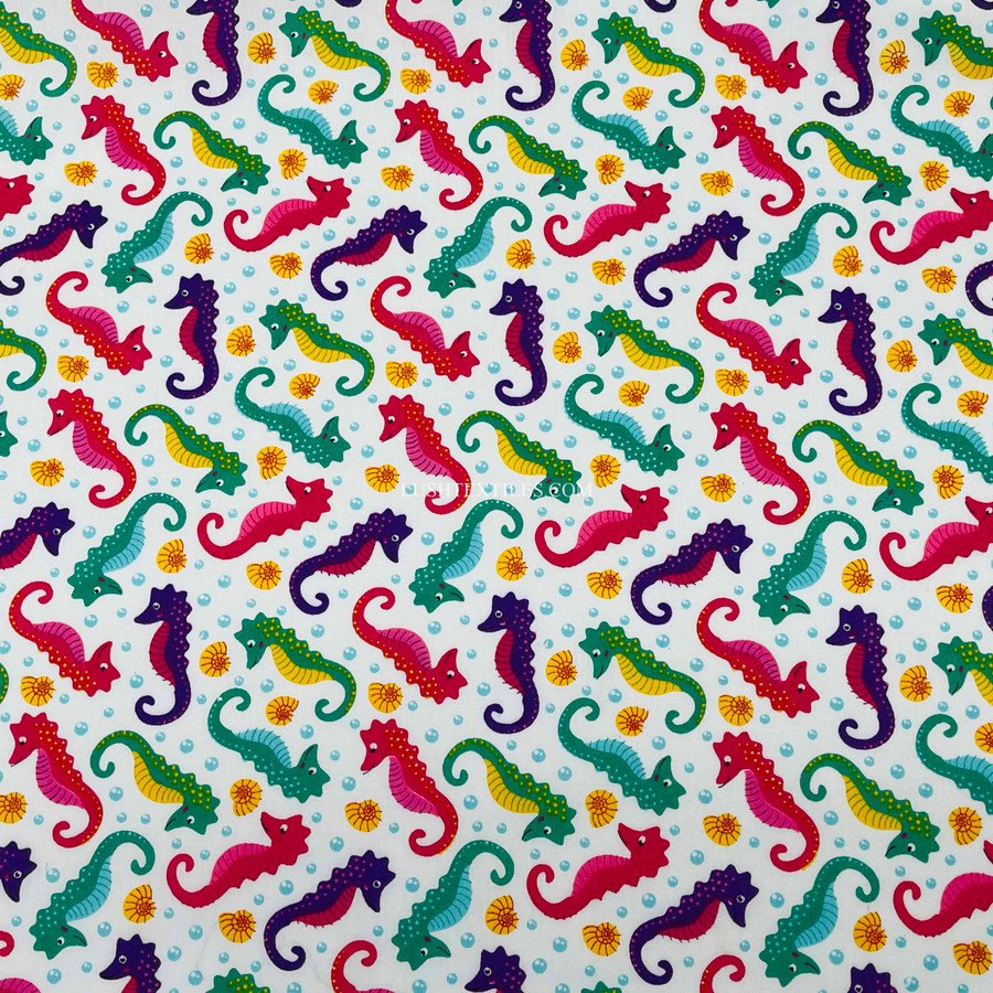 Seahorse & Shells Print Polycotton Fabric, White Seahorse & Shells Print Polycotton Fabric, White