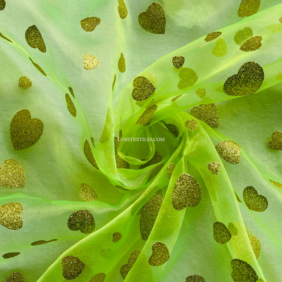 Gold Glitter Love Heart Organza Voile Draping Fabric, Lime Green Gold Glitter Love Heart Organza Voile Draping Fabric, Lime Green