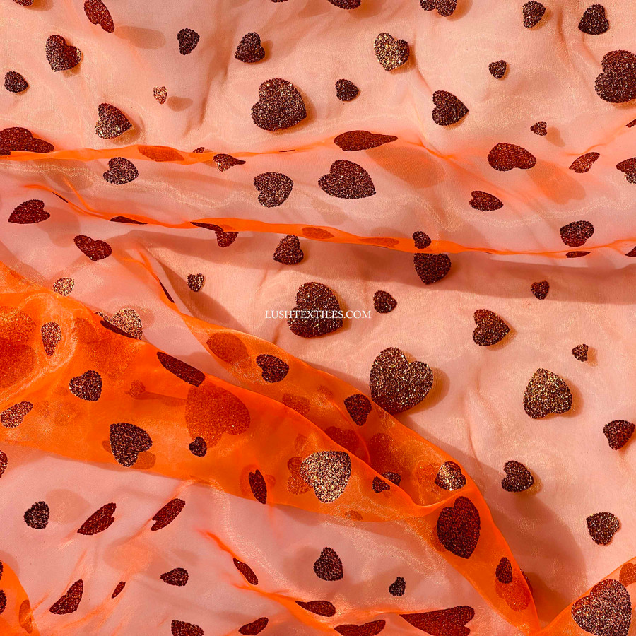 Halloween Gold Glitter Love Heart Organza Voile Draping Fabric, Orange Halloween Gold Glitter Love Heart Organza Voile Draping Fabric, Orange