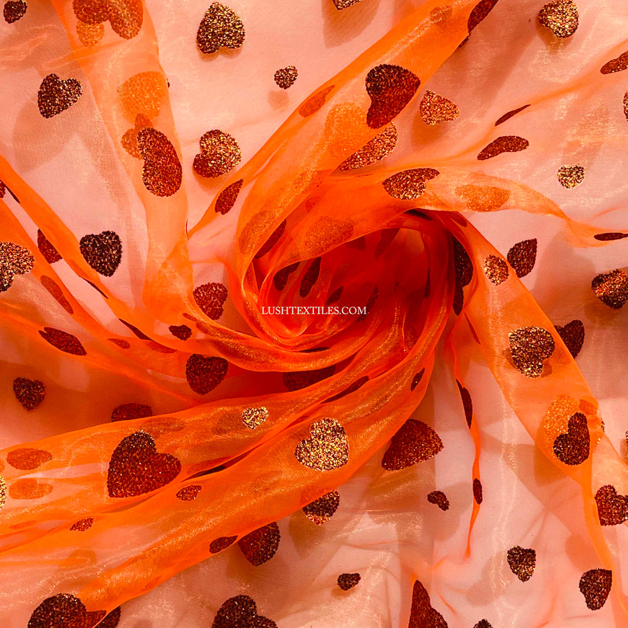 Halloween Gold Glitter Love Heart Organza Voile Draping Fabric, Orange Halloween Gold Glitter Love Heart Organza Voile Draping Fabric, Orange