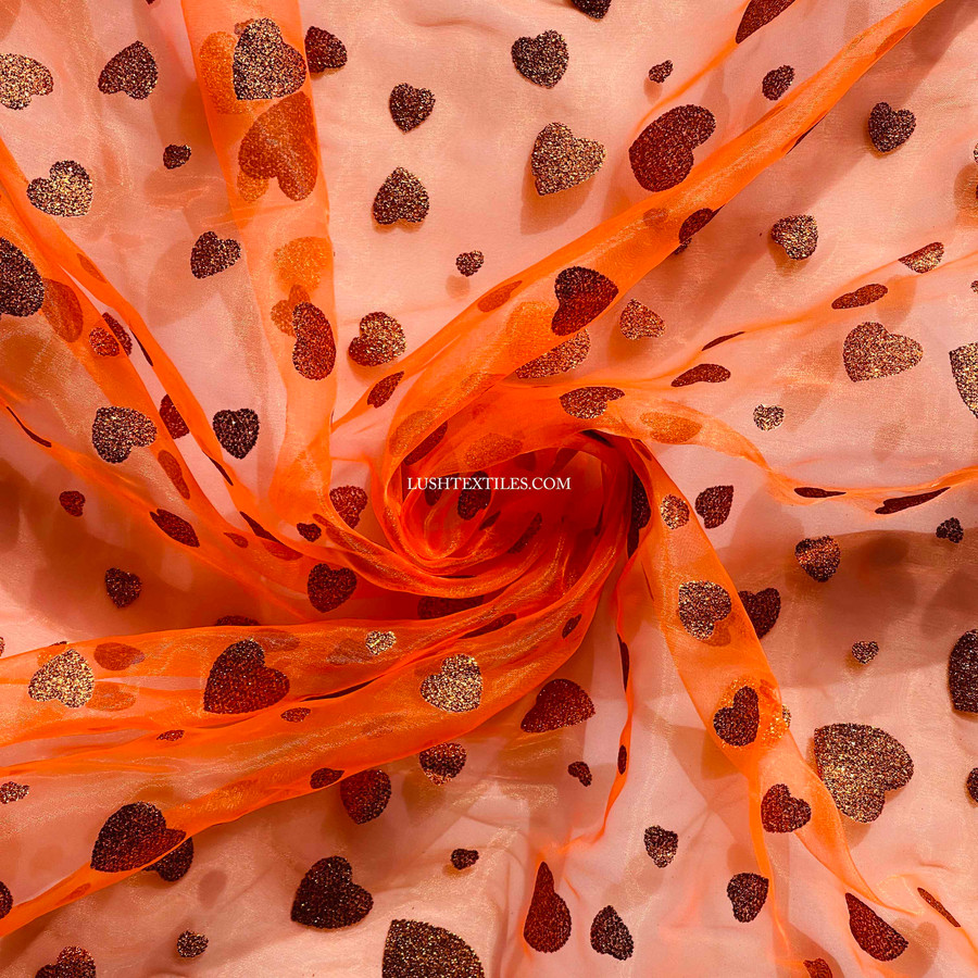 Halloween Gold Glitter Love Heart Organza Voile Draping Fabric, Orange Halloween Gold Glitter Love Heart Organza Voile Draping Fabric, Orange