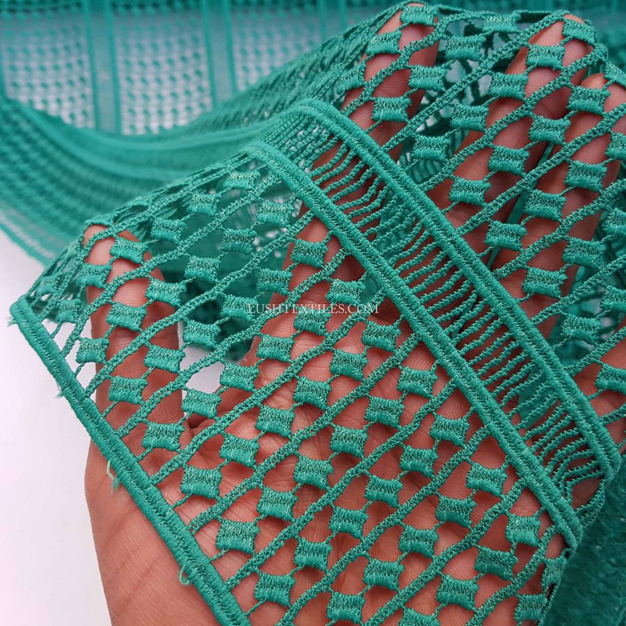 Prestige Guipure Lace Insert Swiss Dot Tie Frill Fabric, Green Prestige Guipure Lace Insert Swiss Dot Tie Frill Fabric, Green