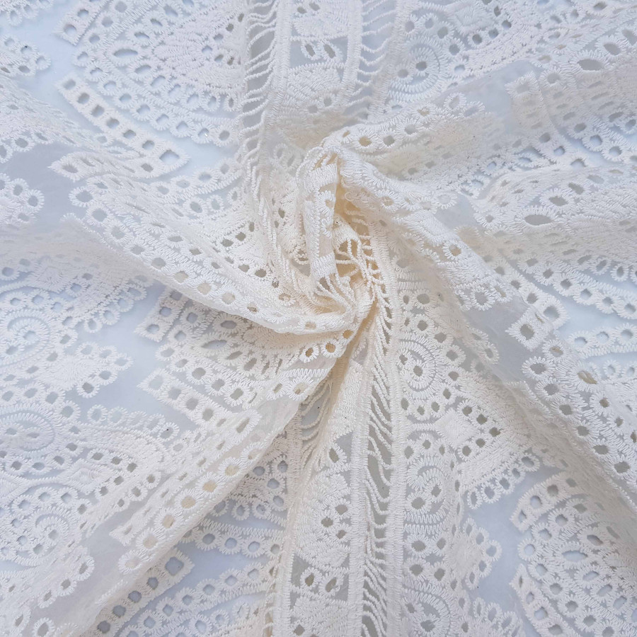 Prestige Guipure Organza Lace Scallop Swiss Dot Fabric, Cream Prestige Guipure Organza Lace Scallop Swiss Dot Fabric, Cream