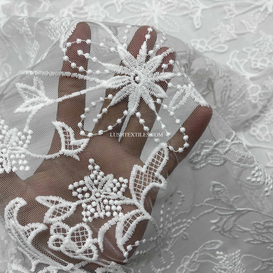 Prestige Embroidery Tulle/Net Lace Liberty Floral Flower Fabric, Cream Prestige Embroidery Tulle/Net Lace Liberty Floral Flower Fabric, Cream