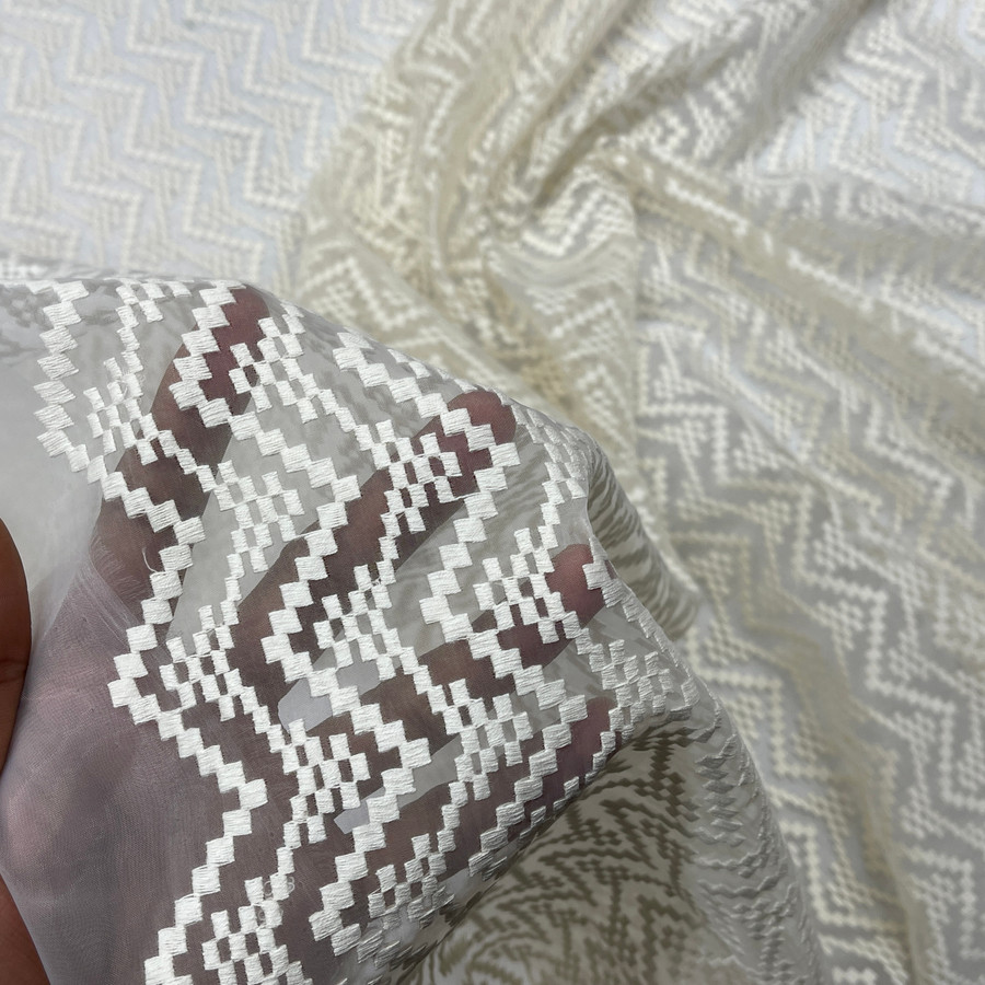 Prestige Guipure Aztec Applique Organza Lace Fabric, Cream Prestige Guipure Aztec Applique Organza Lace Fabric, Cream