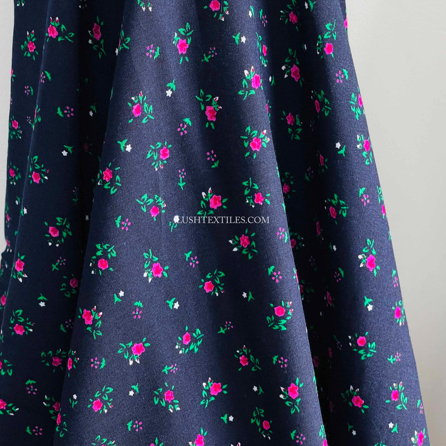Hot Pink Tiny Floral Print 100% Viscose Dress Fabric, Navy Hot Pink Tiny Floral Print 100% Viscose Dress Fabric, Navy