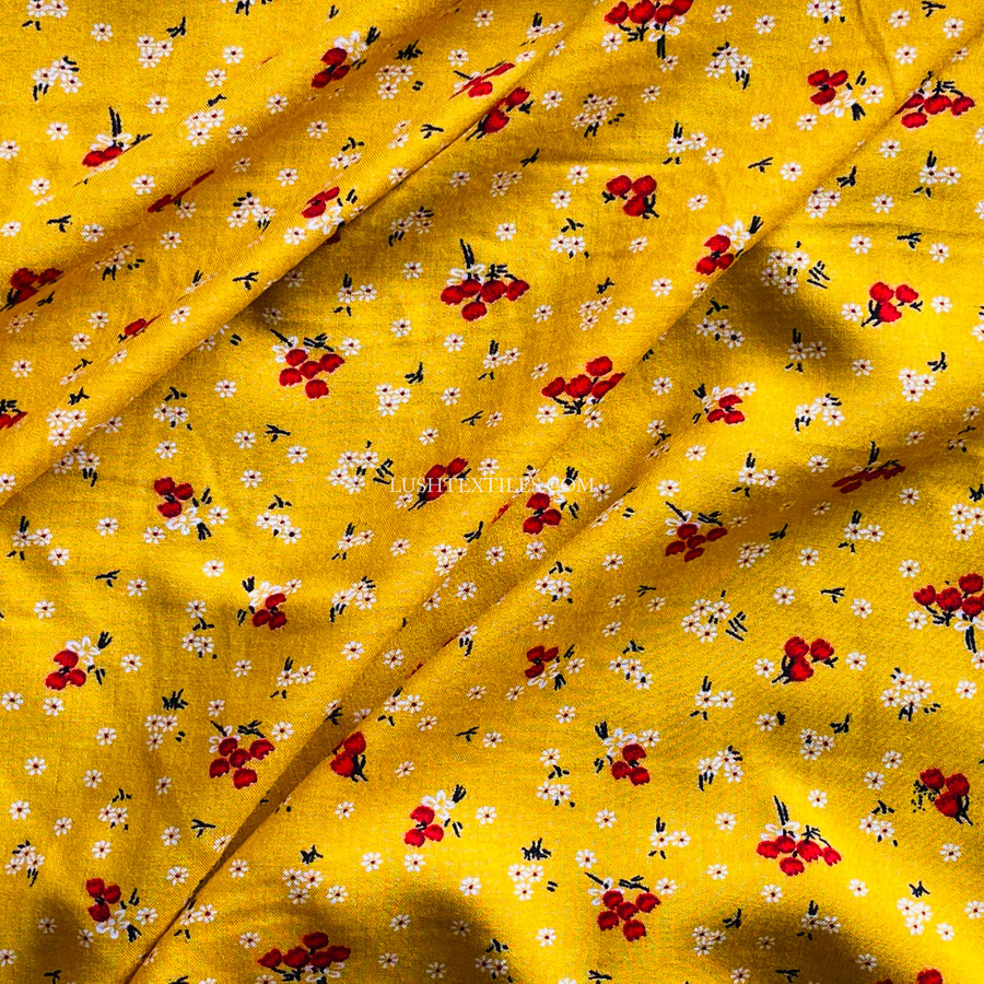 Printed 100% Viscose Challis Dress Fabric 'Pretty' Red Roses Floral, Mustard Printed 100% Viscose Challis Dress Fabric 'Pretty' Red Roses Floral, Mustard
