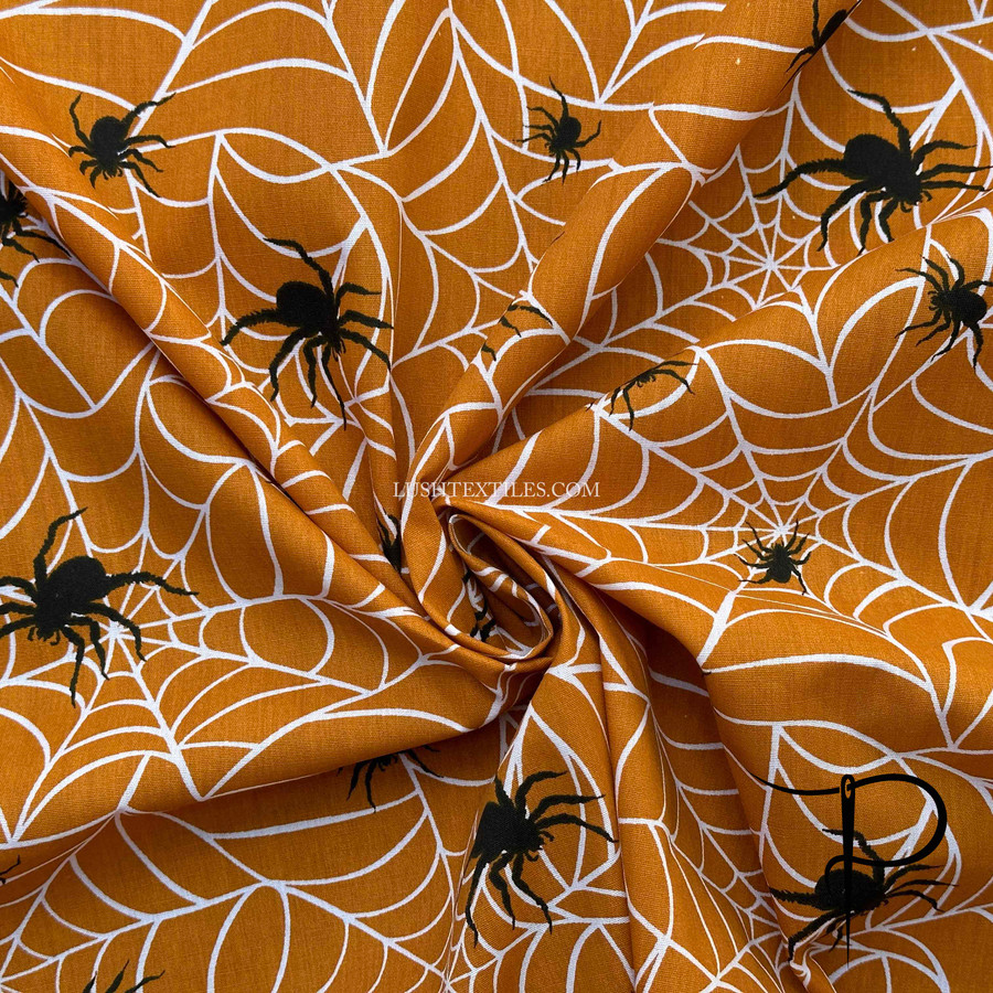 Cobwebs & Spiders Halloween Polycotton Dress Fabric, Orange Cobwebs & Spiders Halloween Polycotton Dress Fabric, Orange