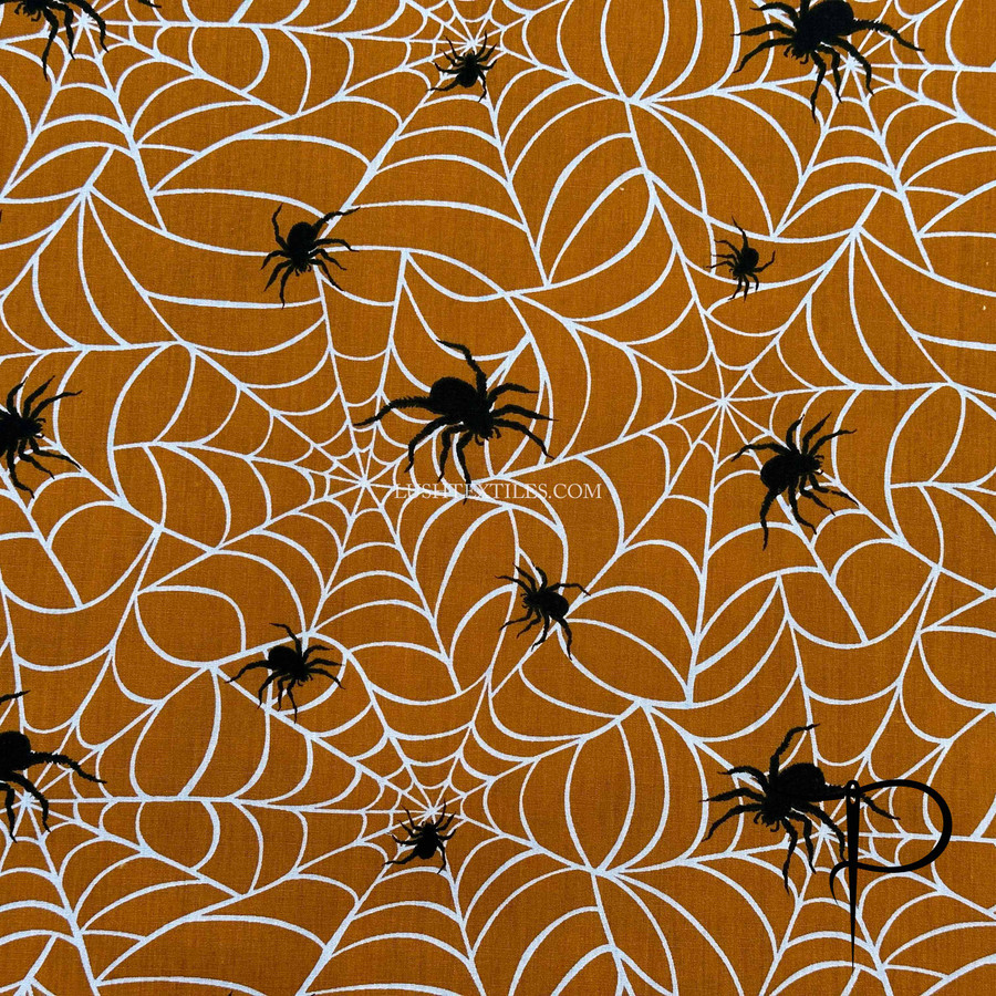 Cobwebs & Spiders Halloween Polycotton Dress Fabric, Orange Cobwebs & Spiders Halloween Polycotton Dress Fabric, Orange