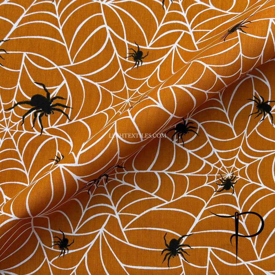 Cobwebs & Spiders Halloween Polycotton Dress Fabric, Orange Cobwebs & Spiders Halloween Polycotton Dress Fabric, Orange