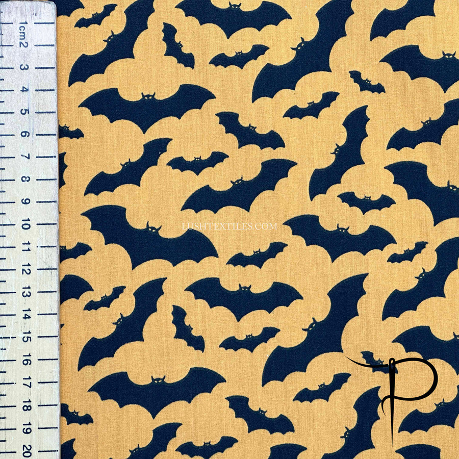 Black Bats Halloween Polycotton Dress Fabric, Orange Black Bats Halloween Polycotton Dress Fabric, Orange